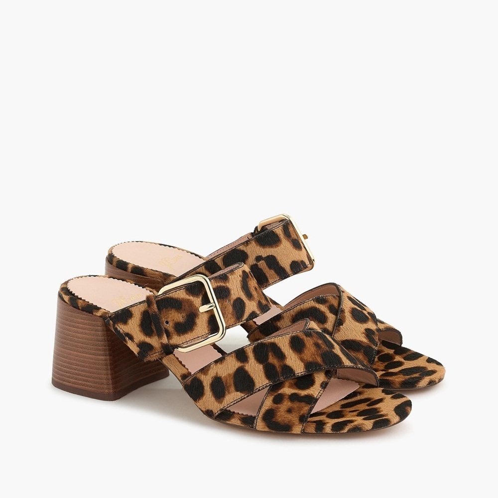 J Crew • Penny Slide Sandals in Leopard Calf Hair mules block heel